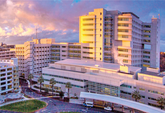 A photo of the UC Davis Health hospital in Sacramento on a sunny day. 