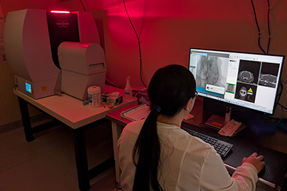 A woman sitting at a computer looking at imaging scans.
