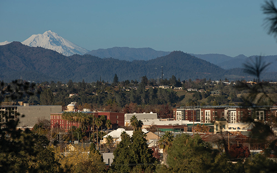 Downtown Redding with Mount Shasta in the background.