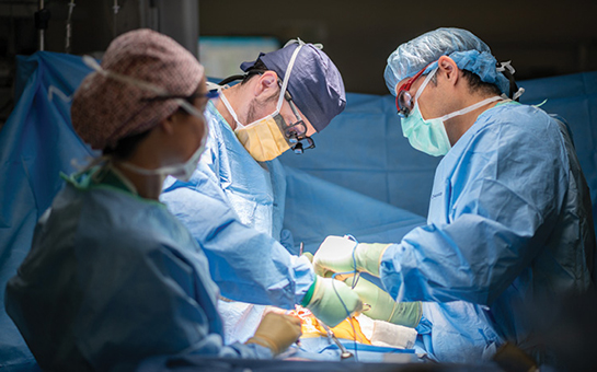 Liver transplant surgeons performing surgery.