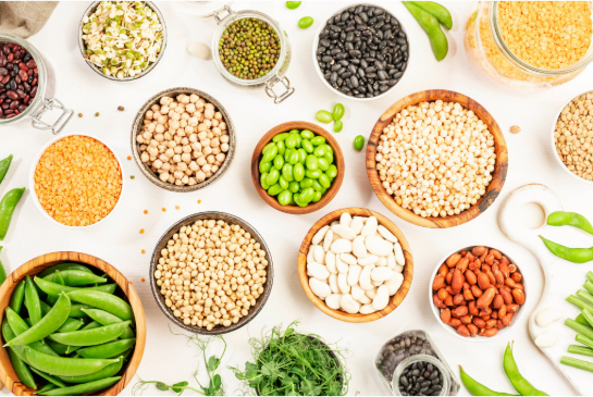 bowls of healthy fruits, vegetables and grains