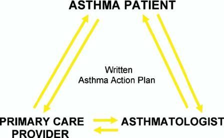 An arrow diagram showing the connection between the asthma patient, the primary care provider, and the asthmatologist in triangular connection with a written action plan in the center.