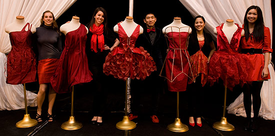 Designers with their dresses, L-R:  Ellen Griesemer, Lucia Carrousel, David Lee, Mary Guillen and  Heidi Lo. © UC Regents