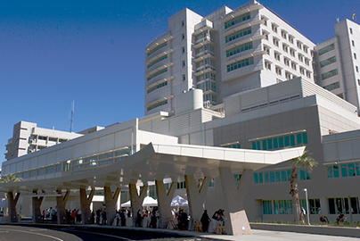 A view of the UC Davis Health main hospital from street-level.