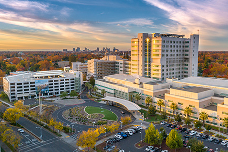 An aerial view of the UC Davis health's main hospital.