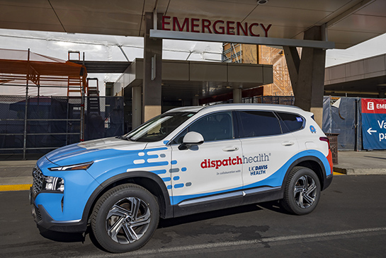 Home health dispatch vehicle parked outside hospital