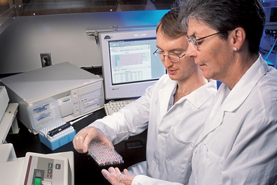 Lab workers inspecting specimens.