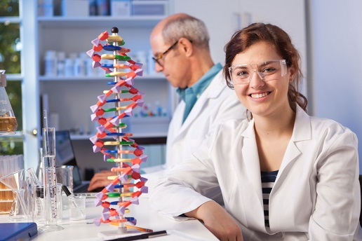 Two individuals in a lab with a DNA model