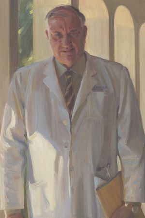 Formal painted portrait of Joseph Silva wearing a white lab coat and tie, standing against a plain neutral background.