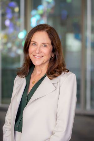 Portrait of Susan Murin wearing a tan suit and green blouse, standing indoors with a softly blurred background.