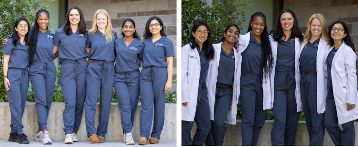 Group photos of residents outdoors, some wear white coats and other wear blue scrubs. 