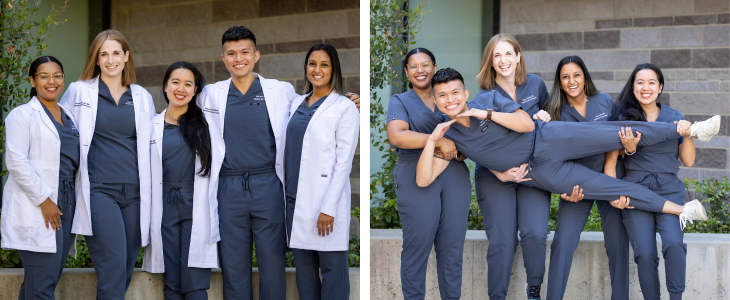 Photos of residents outdoors smiling; some wear white coats over blue scrubs and other wear only blue scrubs.