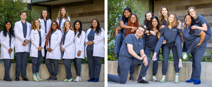 Photos of residents outdoors smiling; some wear white coats over blue scrubs and other wear only blue scrubs.