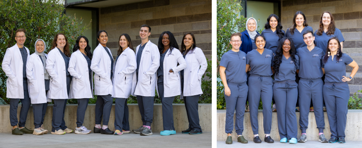 Photos of residents outdoors smiling; some wear white coats over blue scrubs and other wear only blue scrubs.