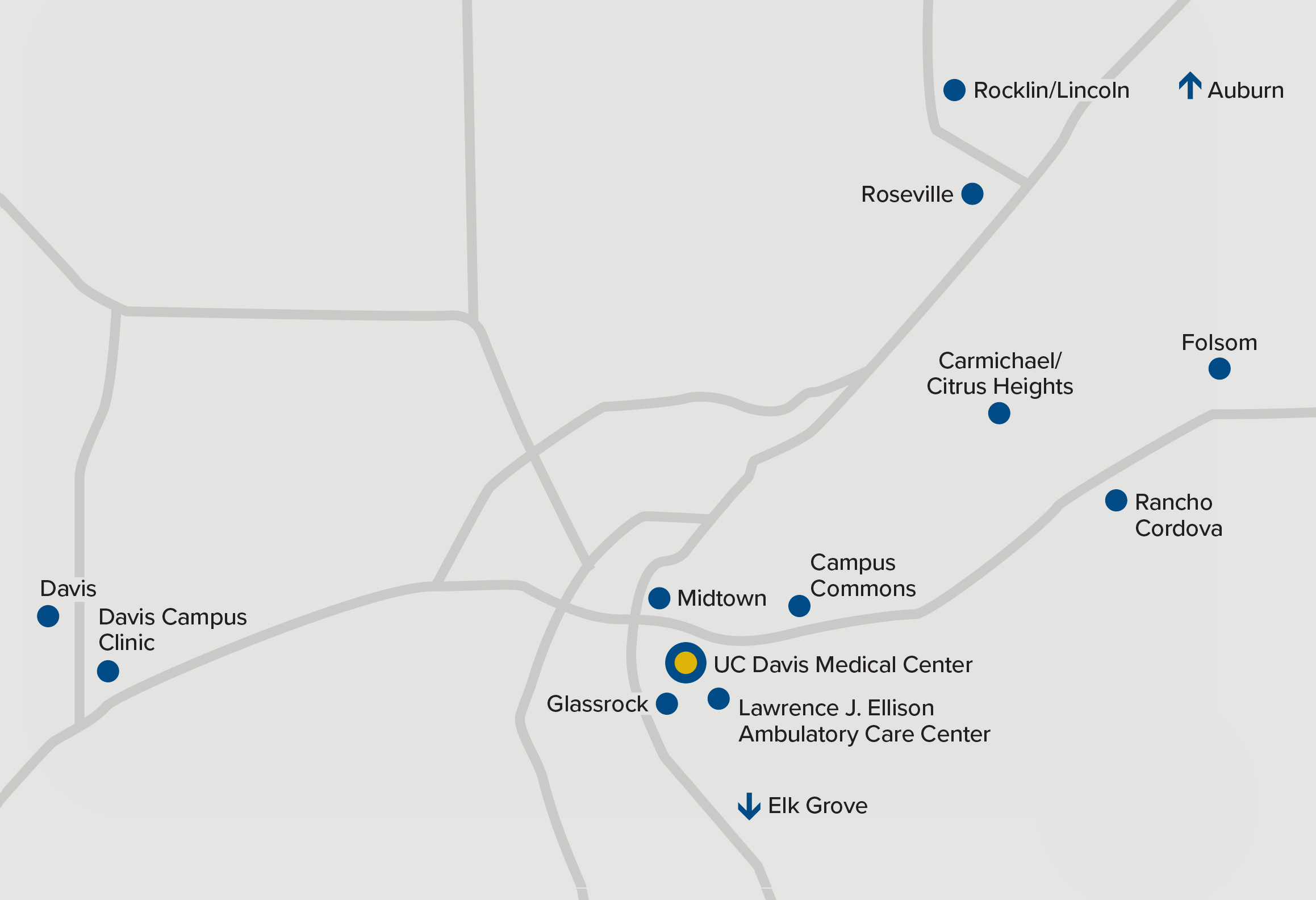 Clinic map of UC Davis Health’s 17 locations