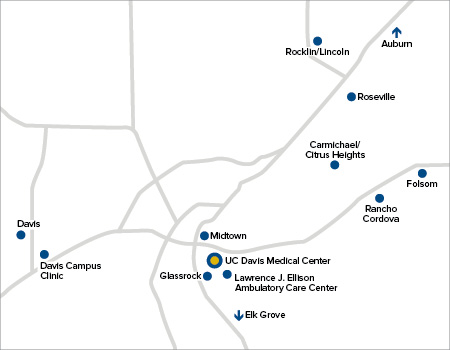UC Davis Health primary care clinic locations map.