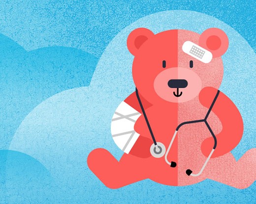 Kids Considered Podcast graphic, blue cloud background with pink teddy bear with bandages and stethoscope.