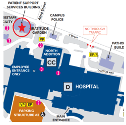 Map showing Patient Support Services Building (PSSB) behind main hospital north tower.