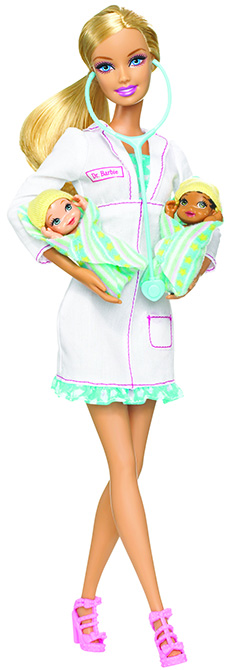 Doctor Barbie holding two babies in each arm and wearing pink high heels.