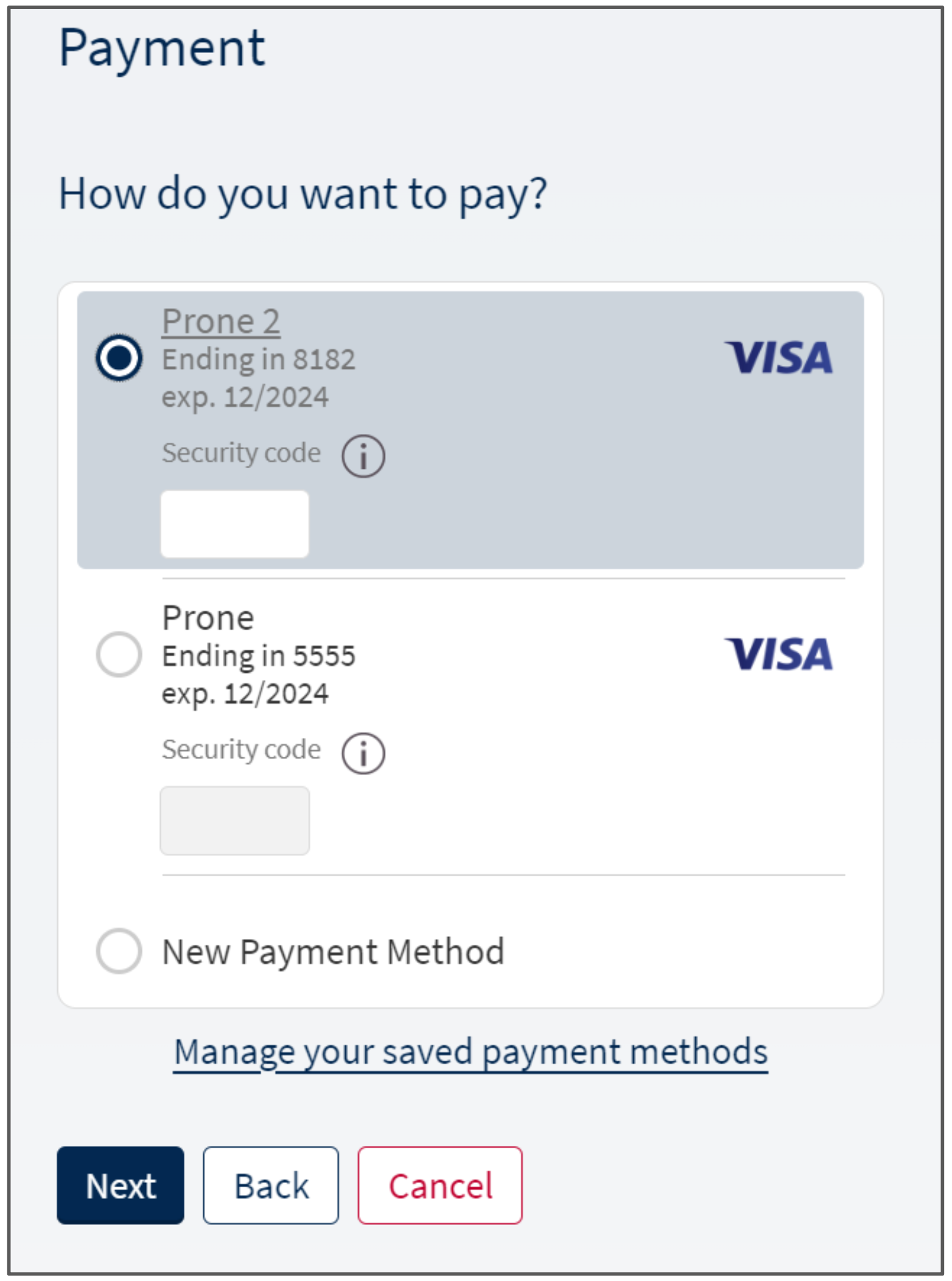 Select the Credit Card to charge payment to. Click Next.