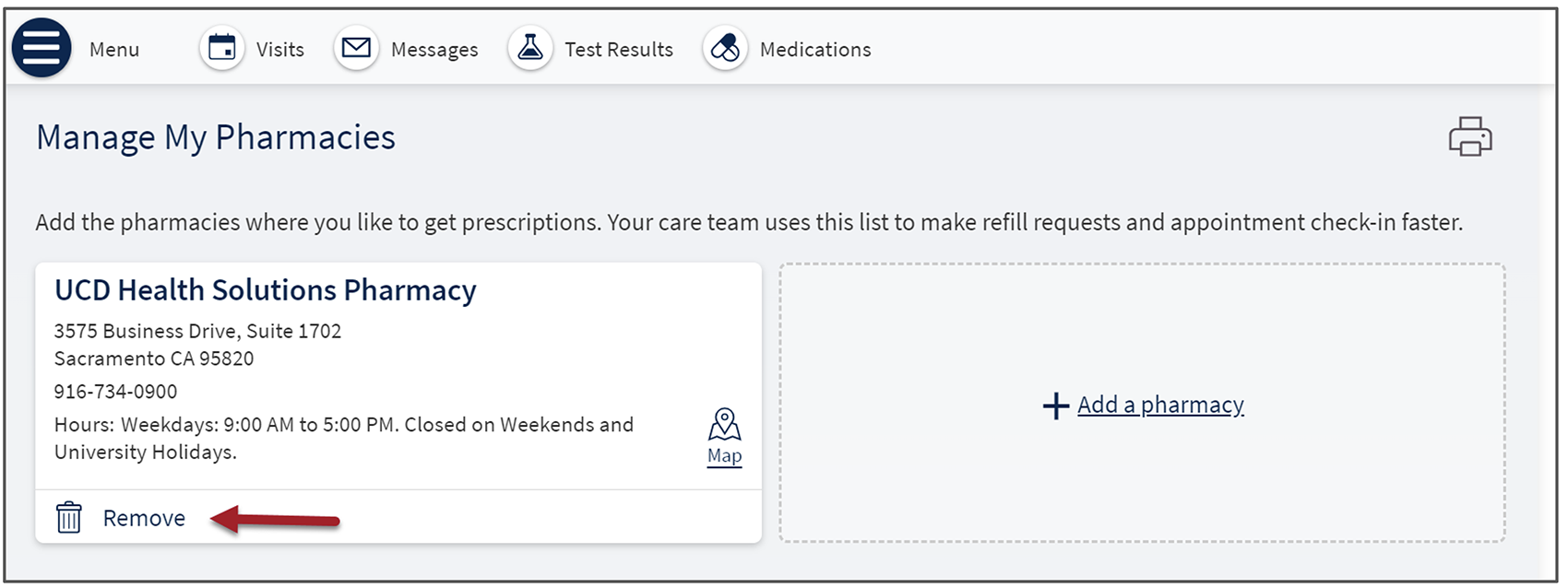 To remove a pharmacy from the list, click the Remove button.