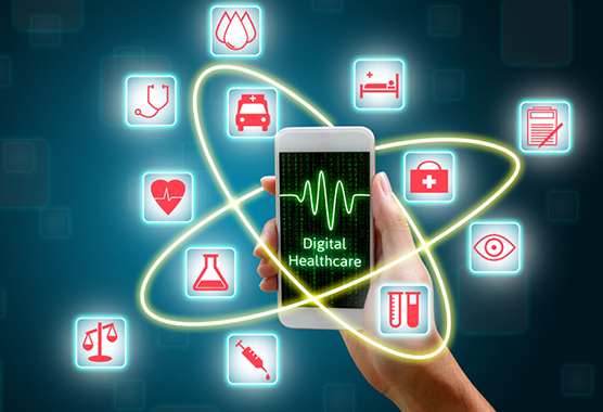 Mobile device surrounded by healtcare app icons
