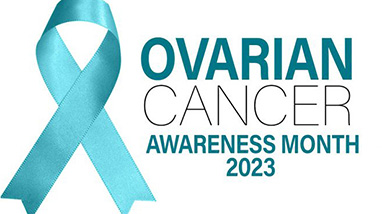 Ovarian Cancer Awarness Month logo with teal ribbon