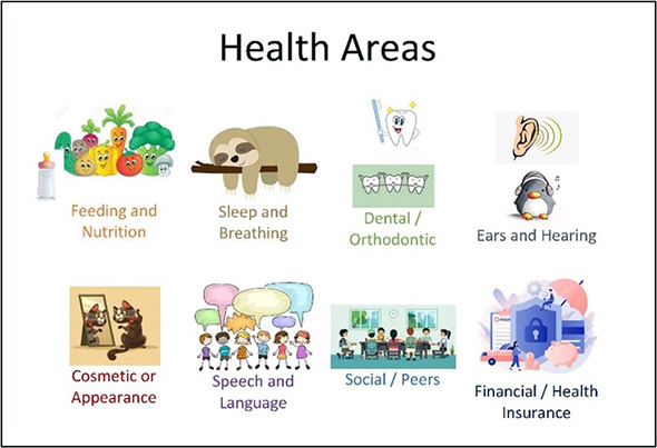 This graphic was developed by UC Davis chief of pediatric otolaryngology Jamie Funamura to help demonstrate the multi-specialty areas of health care that make up the treatment of patients with cleft or craniofacial differences. These health areas, illustrated on this graphic with accompanying drawings, are feeding and nutrition, sleeping and breathing, dental and orthodontic, ears and hearing, cosmetics or appearance, speech and language, social and peers and financial/health insurance. 