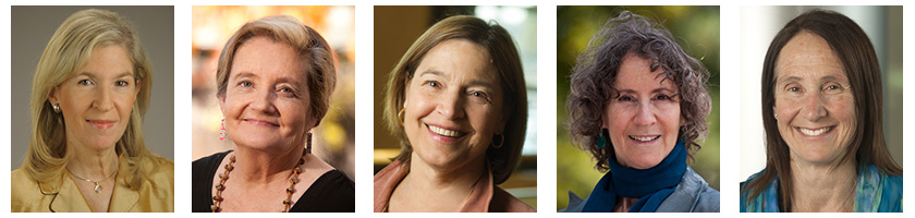 This graphic shows the headshots of UC Davis School of Medicine professors Jacqueline N. Crawley, Randi Jenssen Hagerman, Sally J. Rogers, Irva Hertz-Piciotto and Nancy E. Lane.