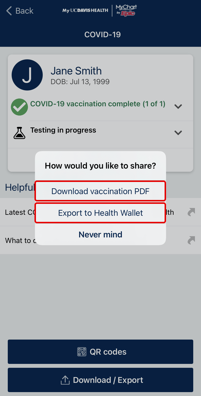 download or export vaccine record on mobile app