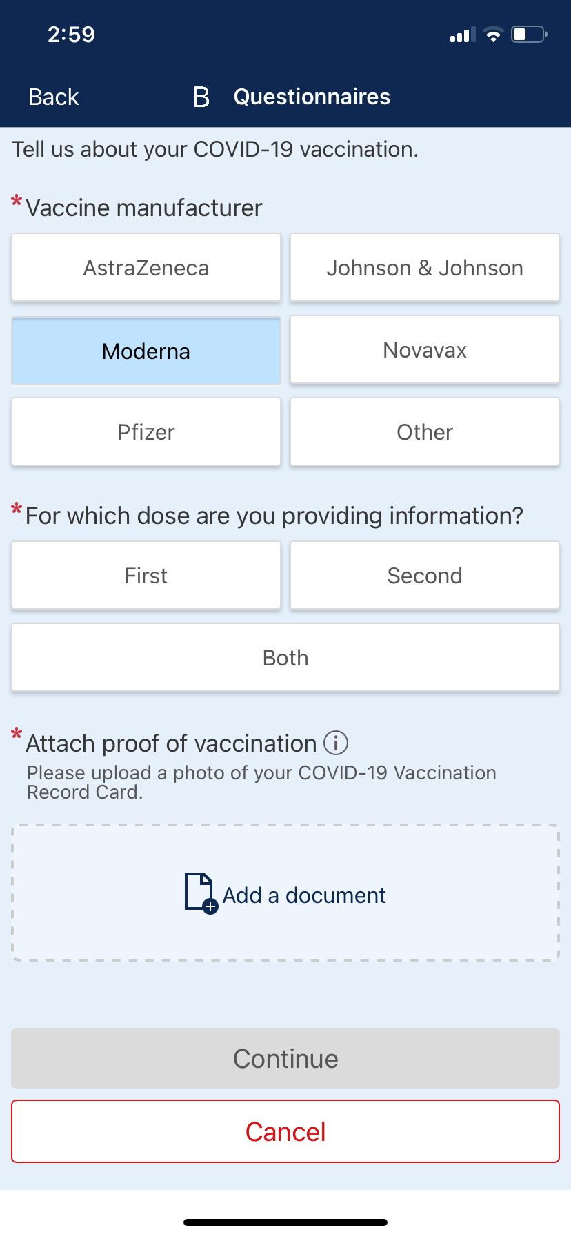 vaccine questionnaire on mobile app