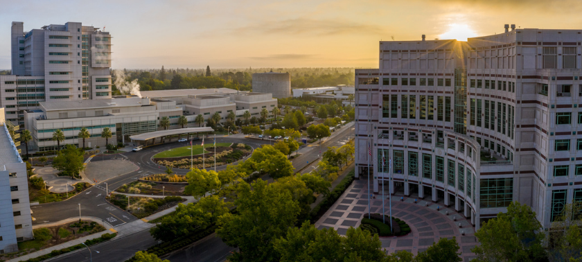 aerial view of UC Davis hospital at sunset