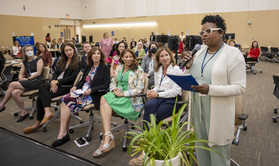 Fayron Epps presents her research to a panel of journalists at Convocation 2024 in Sacramento, CA. (c) UC Regents. All rights reserved.