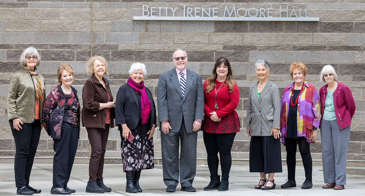 Members of the UC Davis nurse practitioner Class of 1973 outside of Betty Irene Moore Hall