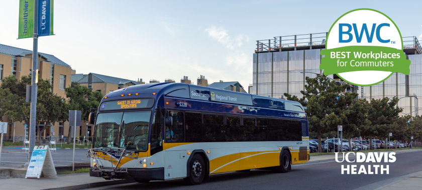 A city bus stopped at UC Davis Medical Center