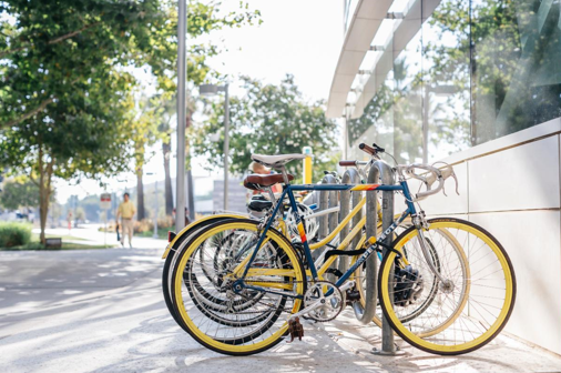 bikes on bike rack outside Blaisdell Medical Library