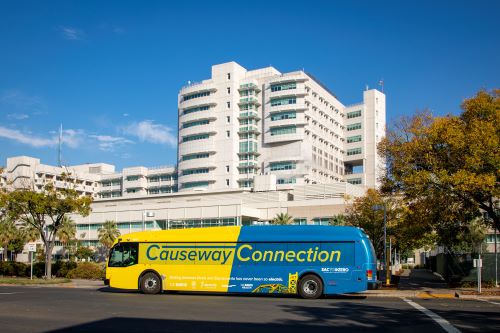causeway connection bus parked in front of UC Davis Hospital