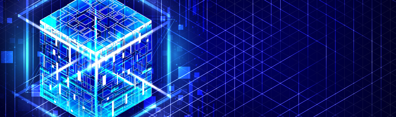 Blue 3D cube with abstract grid background symbolizing big data 