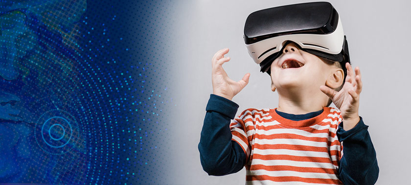child wearing virtual reality goggles