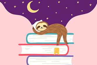 Sleep study graphic, stock image of books and sleeping racoon