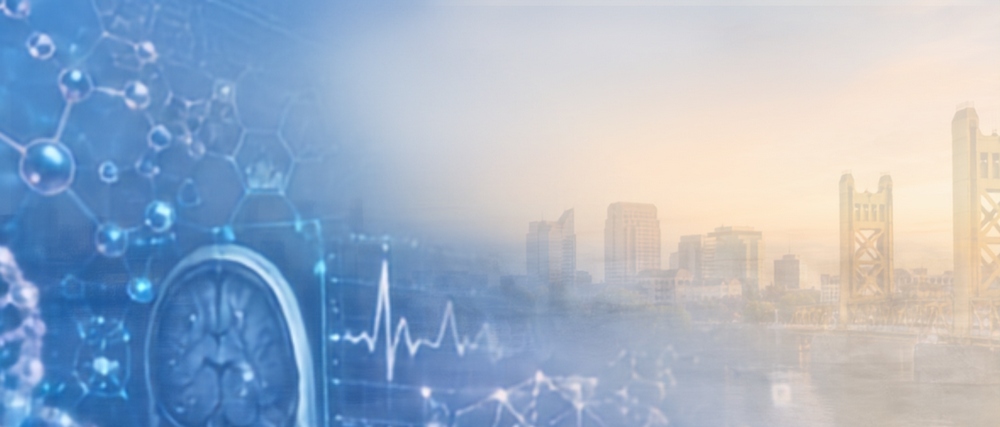 Abstract healthcare and research-themed banner featuring a brain scan, molecular structures, and heartbeat waveform blending into a soft-focus Sacramento skyline with Tower Bridge in the background.
