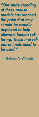 "Our understanding of these mouse models has reached the point that they should be rapidly deployed to help alleviate human suffering. These marvelous animals need to be used." — Robert D. Cardiff