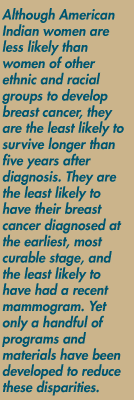 Although American Indian women are less likely than women of other ethnic and racial groups to develop breast cancer, they are the least likely to survive longer than  five years after  diagnosis. They are the least likely to have their breast cancer diagnosed at the earliest, most curable stage, and the least likely to have had a recent mammogram. Yet only a handful of programs and  materials have been  developed to reduce these disparities.