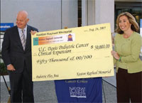PHOTO — Robyn Raphael presents UC Davis Cancer Center director Ralph deVere White with a check to name a pediatric playroom after her late son. "Keaton's Corner" will be located on the ground floor of the Cancer Center's planned clinic expansion.