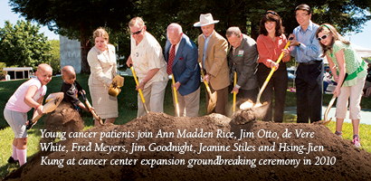 Young cancer patients join Ann Madden Rice, Jim Otto, de Vere White, Fred Meyers, Jim Goodnight, Jeanine Stiles and Hsing-Jien Kung at cancer center expansion groundbreaking ceremony in 2010