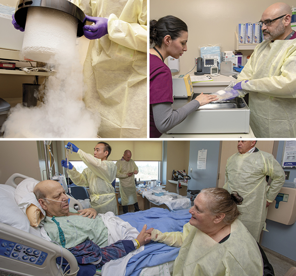 The CAR T cells are kept on dry ice at minus 190 degrees Celsius then thawed in a bath of water before being infused into the patient.
