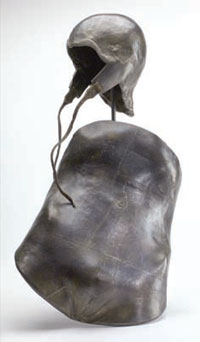 PHOTO — Warrior: A lifecast of Mary Magnan's skull, taken at the height of her chemotherapy treatment, was the inspiration for this bronze helmet. The artist also made a shield, symbolizing the battle waged by his late wife and by all women with ovarian cancer.