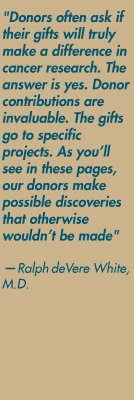 "Donors often ask if their gifts will truly make a difference in cancer research. The answer is yes. Donor 
contributions are invaluable. The gifts go to specific projects. As you’ll see in these pages, our donors make possible discoveries that otherwise wouldn’t be made" — Ralph deVere White, M.D.