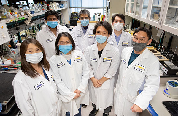 Male and female researchers in white coats gathered in Izumiya's Lab
